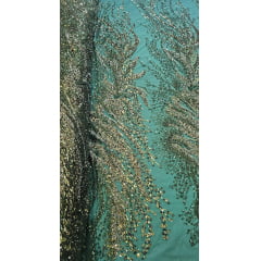 Tule Bordado com Pedrarias Premium Verde Floresta HT98091